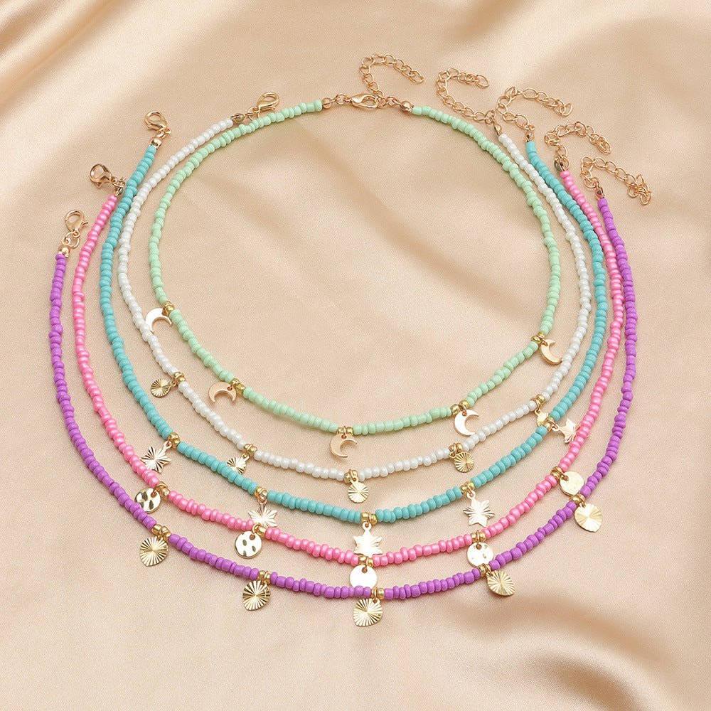 Wholesale Pentagram Moon Rice Beads Alloy Necklace
